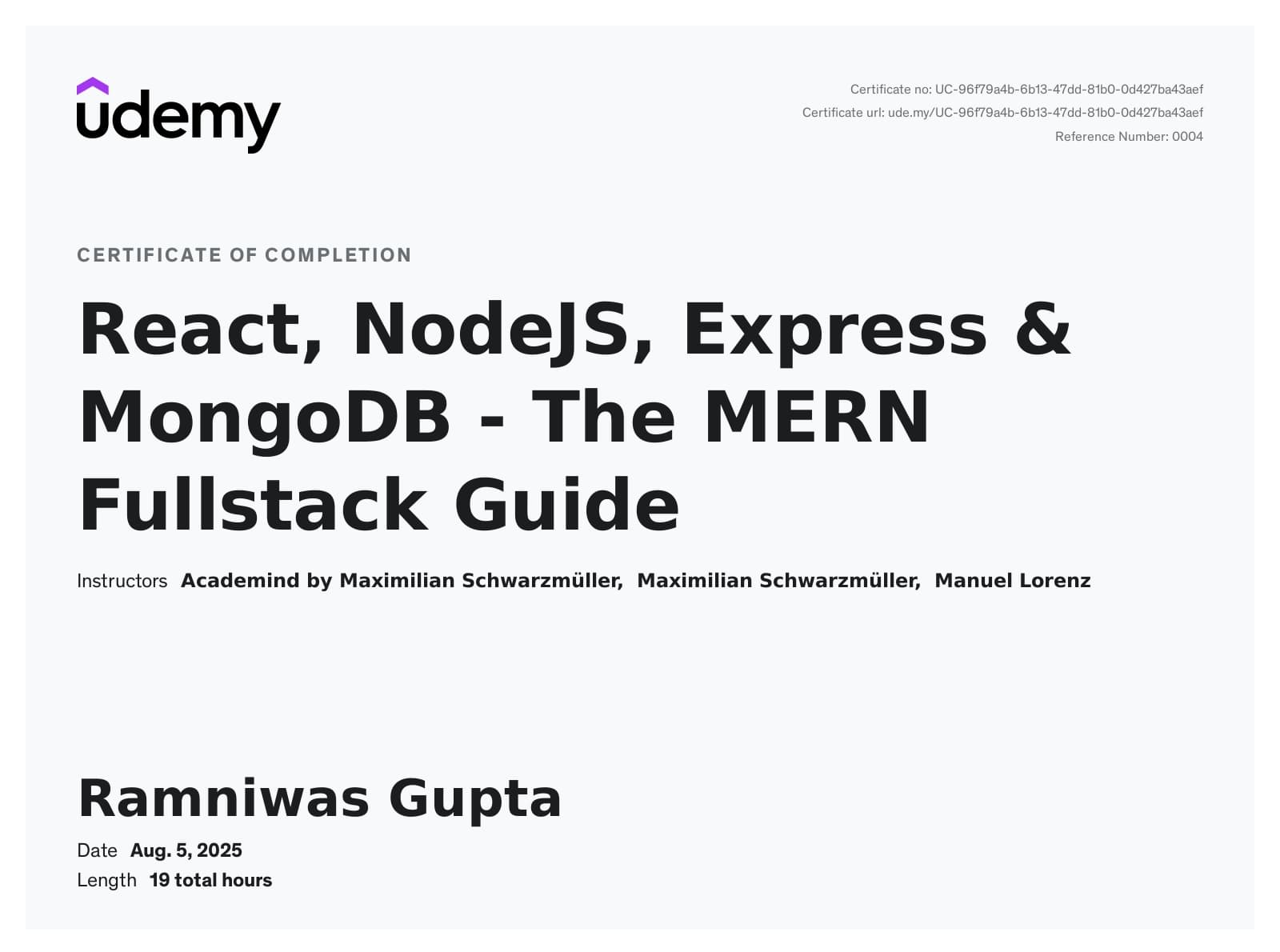 The MERN Full Stack Guide certificate